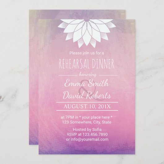 エレガント蓮の水の色のリハ結婚ーサルディナー 招待状 (正面/裏面)