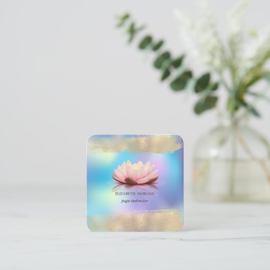 エレガント蓮の花フェイク金ゴールド筆 スクエア名刺 (スタンド正面)