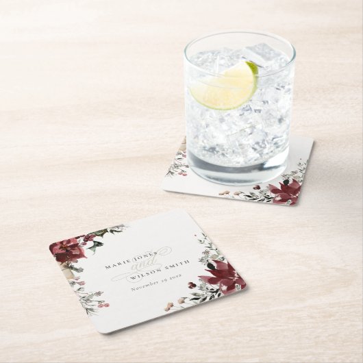 エレガント薄暗い暖かい冬のフェスティバルの葉結婚の スクエアペーパーコースター (インサイチュ)