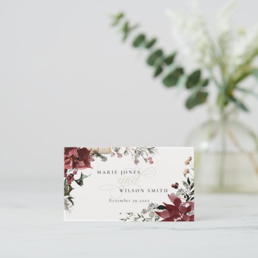 エレガント薄暗い暖かい冬のフェスティバルの葉結婚の プレイスカード (スタンド正面)