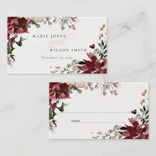 エレガント薄暗い暖かい冬のフェスティバルの葉結婚の プレイスカード (正面/裏面)