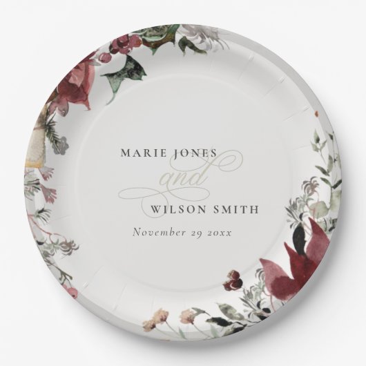 エレガント薄暗い暖かい冬のフェスティバルの葉結婚の ペーパープレート (正面)