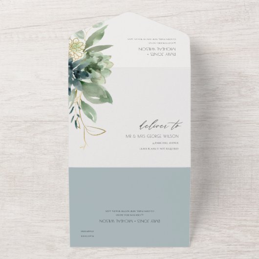 エレガント薄暗い青い緑の多肉性の結婚葉 オールインワン招待状 (外側)