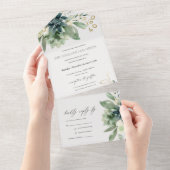 エレガント薄暗い青い緑の多肉性の結婚葉 オールインワン招待状 (貼ってはがせる)