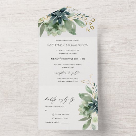 エレガント薄暗い青い緑の多肉性の結婚葉 オールインワン招待状 (内側)