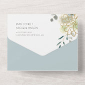 エレガント薄暗い青い緑の多肉性の結婚葉 オールインワン招待状 (裏面)