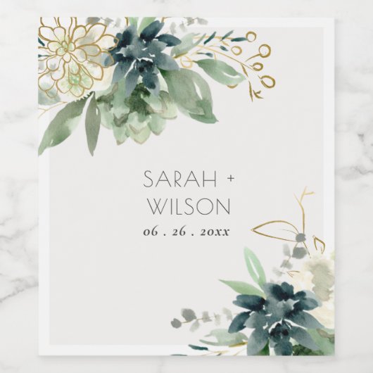 エレガント薄暗い青い緑の多肉性の結婚葉 ワインラベル (シングルラベル)