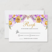 エレガント薄紫および金ゴールドフローラRSVPエンクロージャカード 出欠カード (正面)