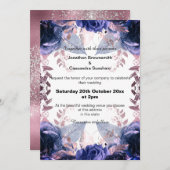 エレガント薄紫グリッターフローラネイビー結婚ズ 招待状 (正面/裏面)