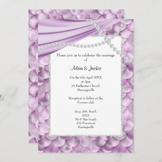 エレガント薄紫サテン人魚インスパイア結婚の 招待状 (正面/裏面)