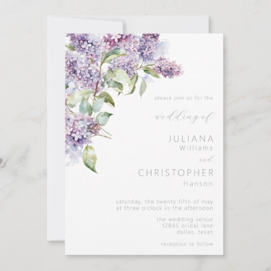 エレガント薄紫セージ水カラーフローラ結婚ズ 招待状 (正面)