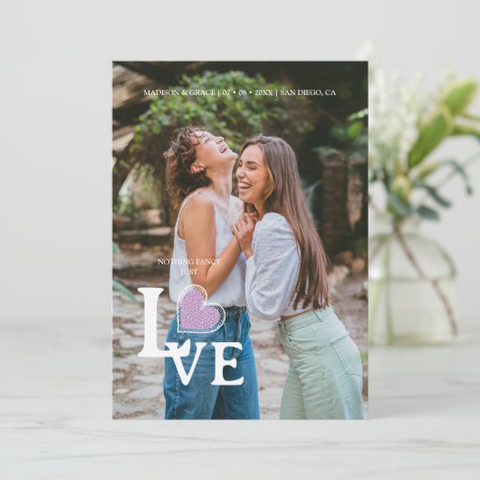 エレガント薄紫ハートファンシーフォトラヴ結婚の セーブザデート (スタンド正面)