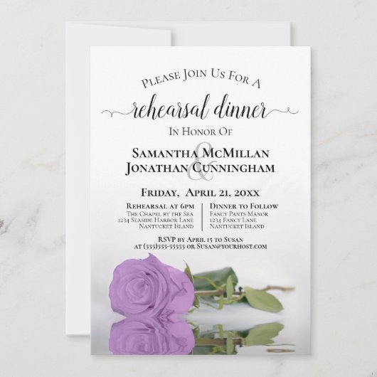 エレガント薄紫パープルバラ結婚のリハーサルディナー 招待状 (正面)