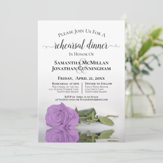 エレガント薄紫パープルバラ結婚のリハーサルディナー 招待状 (スタンド正面)
