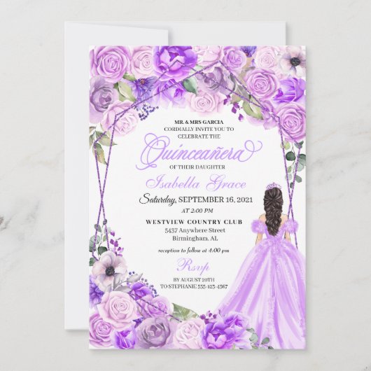 エレガント薄紫パープルフローラキンセアニェラ招待状 招待状 (正面)