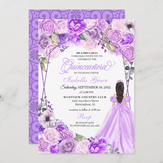 エレガント薄紫パープルフローラキンセアニェラ招待状 招待状 (正面/裏面)