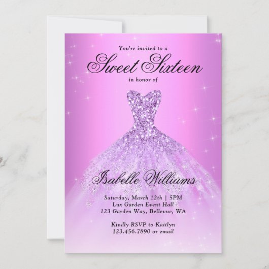 エレガント薄紫パープルSweet sixteen16誕生日 招待状 (正面)