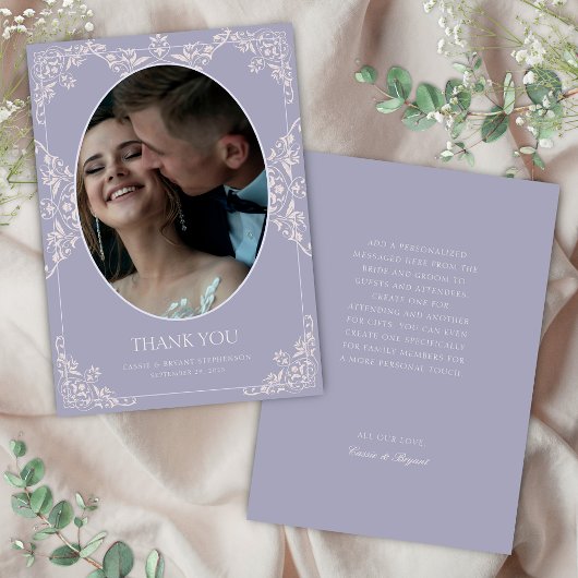 エレガント薄紫フランスのシックなヴィンテージ結婚式の写真 サンキューカード