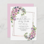 エレガント薄紫フローラ幾何ブライダルシャワー 招待状 (正面/裏面)