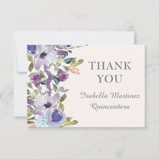 エレガント薄紫ブルーフローラ水平キンセアニラ サンキューカード (正面)