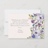 エレガント薄紫ブルーフローラ水平キンセアニラ サンキューカード (裏面)