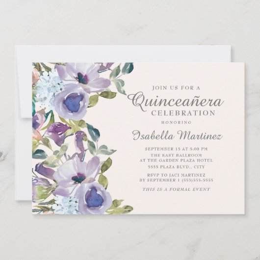 エレガント薄紫ブルーフローラ水平キンセアニラ 招待状 (正面)