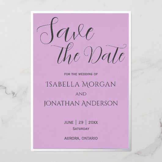 エレガント薄紫ミニマル紫色の結婚式の日付を保存 箔招待状 (正面)