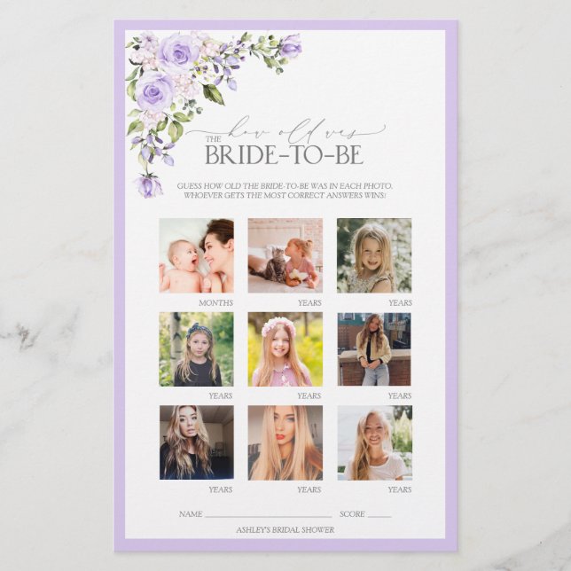 エレガント薄紫ラベンダーフローラブライダルシャワーゲーム (正面)