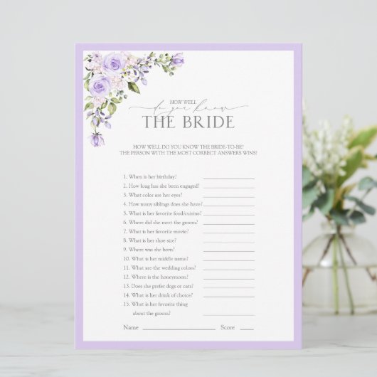 エレガント薄紫ラベンダーフローラブライダルシャワーゲーム 招待状 (スタンド正面)