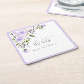 エレガント薄紫ラベンダーフローラブライダルシャワー スクエアペーパーコースター (アングル)