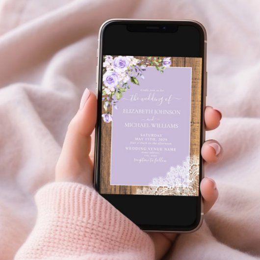 エレガント薄紫ラベ素朴ンウッドレース結婚ズ 招待状