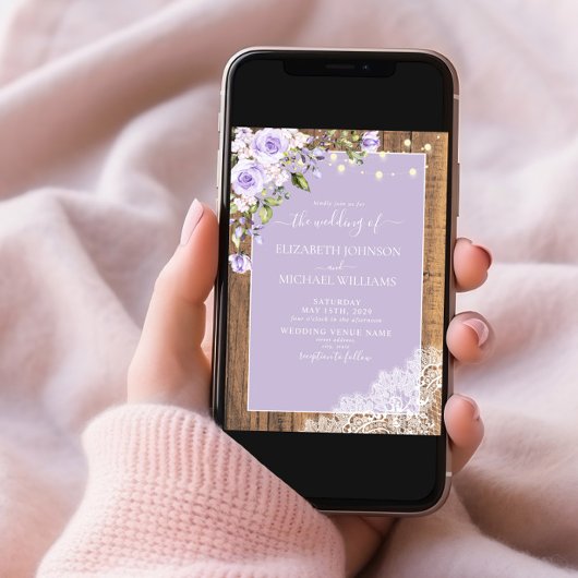 エレガント薄紫ラベ素朴ンウッドレース結婚ズ 招待状