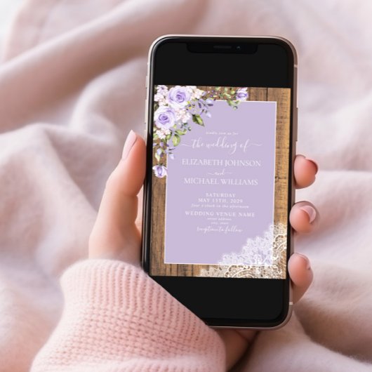 エレガント薄紫ラベ素朴ンレース結婚写真 招待状