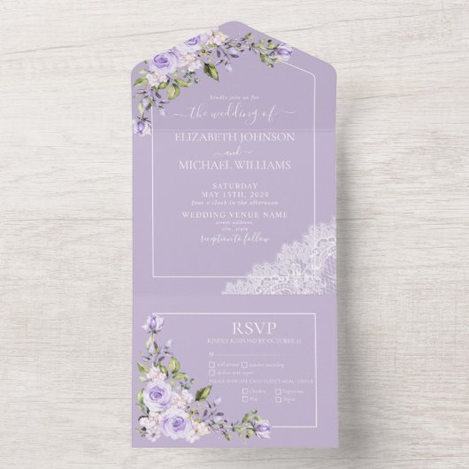 エレガント薄紫ラベ素朴ンレ結婚ース オールインワン招待状 (内側)