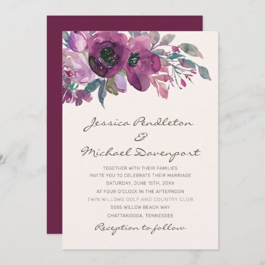 エレガント薄紫梅パープルフローラスクリプ結婚ト 招待状 (正面/裏面)