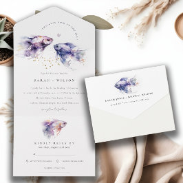 エレガント薄紫水彩沿岸魚結婚の オールインワン招待状