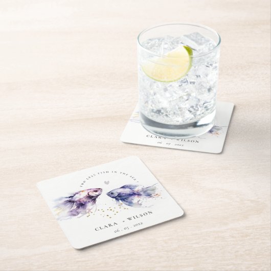 エレガント薄紫水彩沿岸魚結婚の スクエアペーパーコースター (インサイチュ)