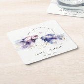 エレガント薄紫水彩沿岸魚結婚の スクエアペーパーコースター (アングル)
