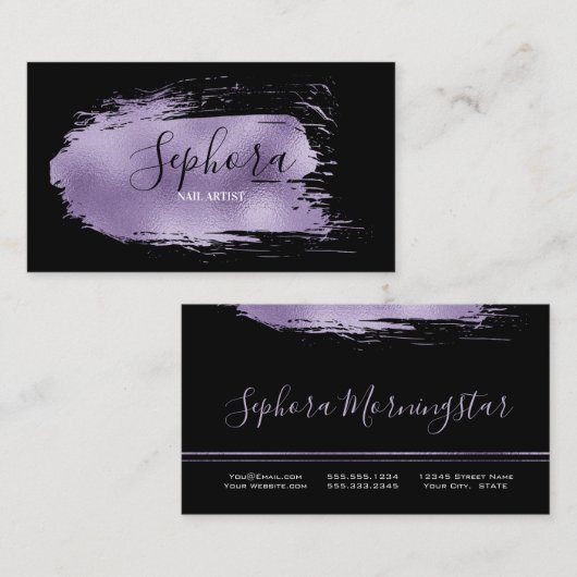 エレガント薄紫箔メタリック絵を描ストローク 名刺 (正面/裏面)