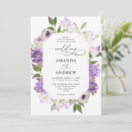 エレガント薄紫紫結婚の花 招待状 (スタンド正面)