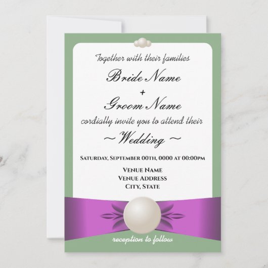 エレガント薄紫&セージ真珠のリボン写真結婚の 招待状 (正面)