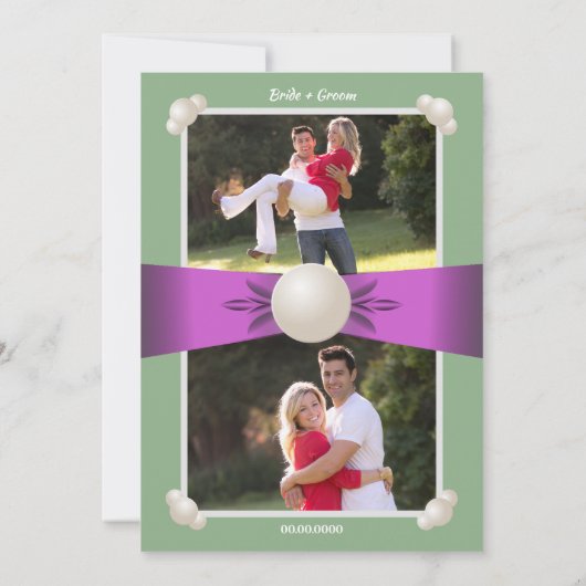 エレガント薄紫&セージ真珠のリボン写真結婚の 招待状 (裏面)