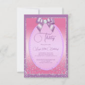 エレガント薄紫&ピンクジュエルボウ&紙吹雪誕生日 招待状 (正面)
