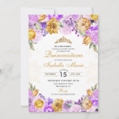 エレガント薄紫&金ゴールドフローラキンセアニェラ誕生日 招待状 (正面)