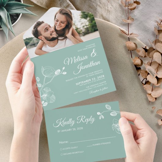 エレガント蘭のミント結婚グリーンフローラ オールインワン招待状