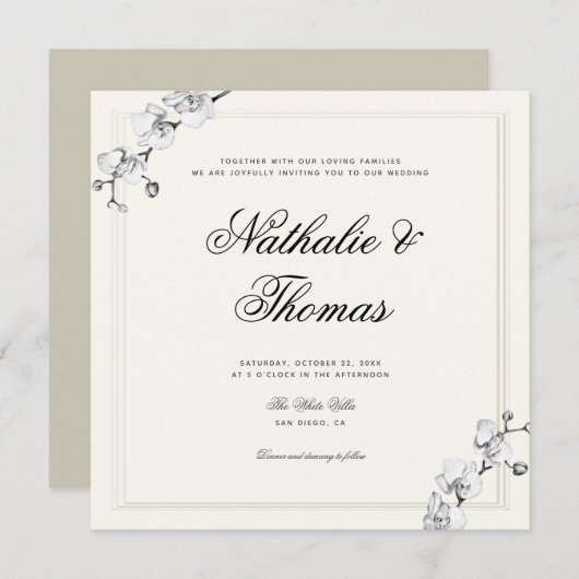 エレガント蘭白黒フェイク結婚エンボス 招待状 (正面/裏面)