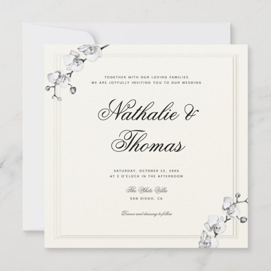 エレガント蘭白黒フェイク結婚エンボス 招待状 (正面)