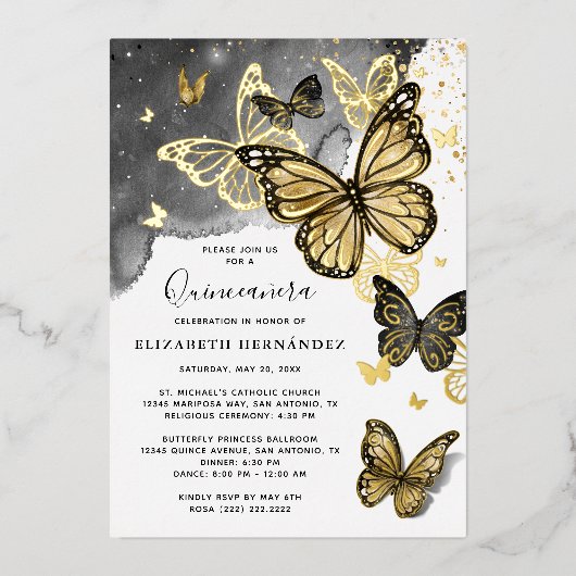 エレガント蝶ブラックキンセアニェラ実在金ゴールド 箔招待状 (正面)