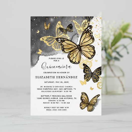 エレガント蝶ブラックキンセアニェラ実在金ゴールド 箔招待状 (立ち正面)