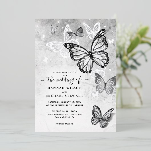 エレガント蝶結婚銀実在色 箔招待状 (立ち正面)